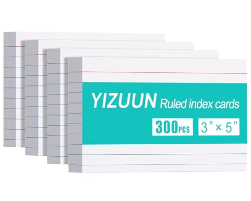 YIZUUN بطاقات ييزون 3x5، 300 حزمة، بطاقات فهرسة ثقيلة، بطاقات ملاحظات 3x5 مخططة، بطاقات فلاش للدراسة، بطاقات ملاحظات للمكتب، المنزل والمدرسة، بيضاء، 4 حزم من 75 حزمة - Image 1