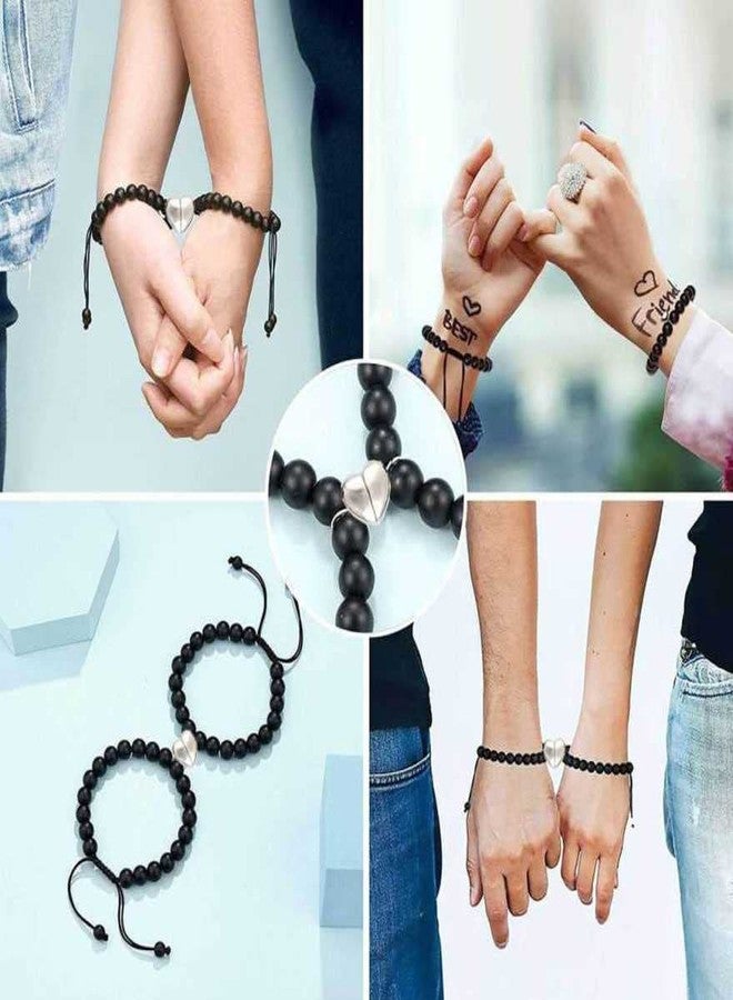 BEAUTIVIA I Love You 2 Pcs Magnetic Valentine's Day Mutual Attraction Broken Heart Romantic Love Couples Friendship Promise 2 in 1 Duo Wrist Band Cuff 6mm Beads Stone Black Moti/Pearl Bracelet - Image 3