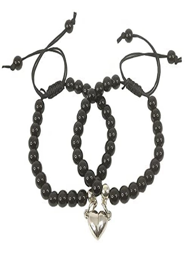 BEAUTIVIA I Love You 2 Pcs Magnetic Valentine's Day Mutual Attraction Broken Heart Romantic Love Couples Friendship Promise 2 in 1 Duo Wrist Band Cuff 6mm Beads Stone Black Moti/Pearl Bracelet - Image 2