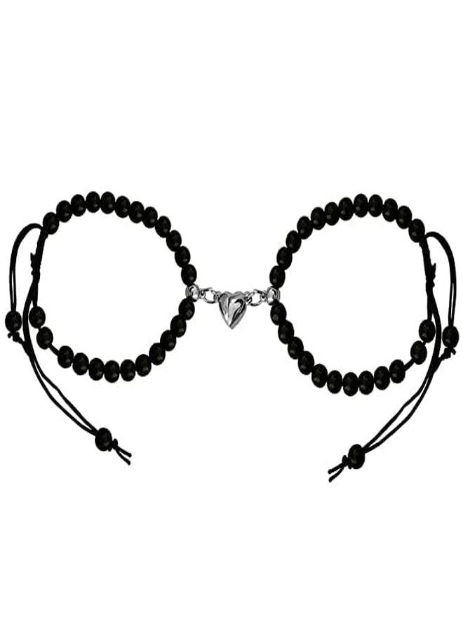 BEAUTIVIA I Love You 2 Pcs Magnetic Valentine's Day Mutual Attraction Broken Heart Romantic Love Couples Friendship Promise 2 in 1 Duo Wrist Band Cuff 6mm Beads Stone Black Moti/Pearl Bracelet - Image 1