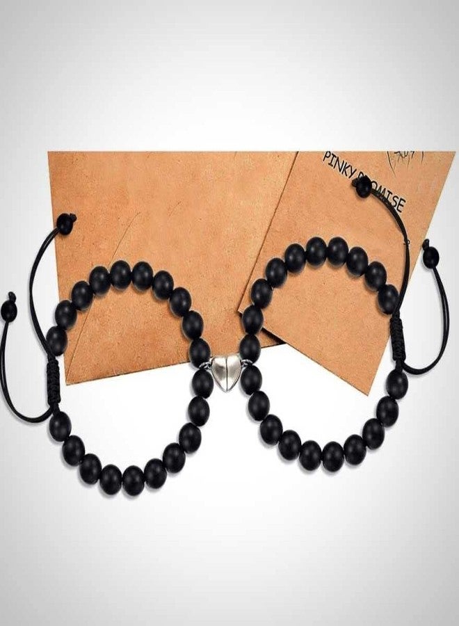 BEAUTIVIA I Love You 2 Pcs Magnetic Valentine's Day Mutual Attraction Broken Heart Romantic Love Couples Friendship Promise 2 in 1 Duo Wrist Band Cuff 6mm Beads Stone Black Moti/Pearl Bracelet - Image 4