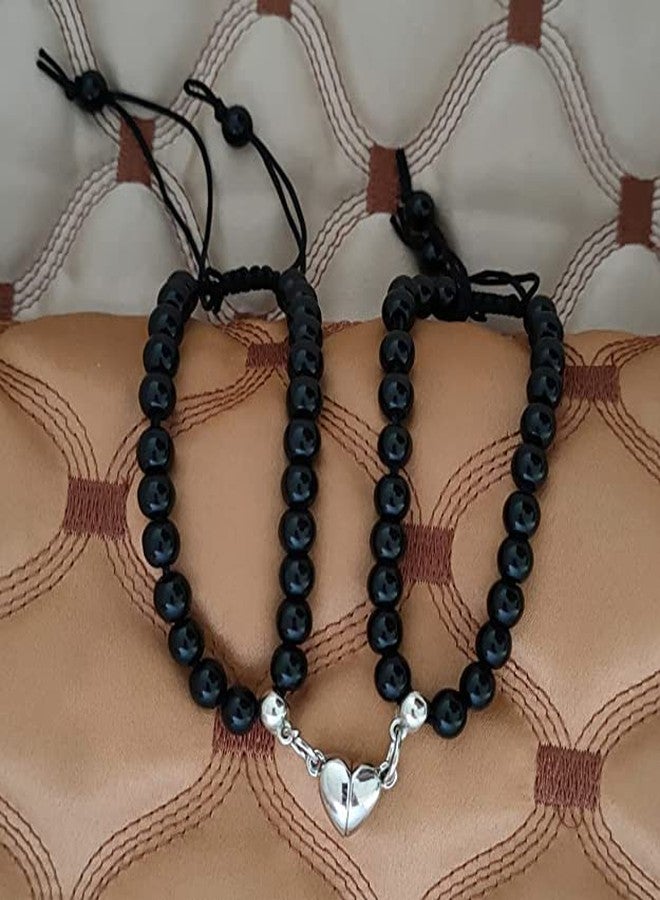 BEAUTIVIA I Love You 2 Pcs Magnetic Valentine's Day Mutual Attraction Broken Heart Romantic Love Couples Friendship Promise 2 in 1 Duo Wrist Band Cuff 6mm Beads Stone Black Moti/Pearl Bracelet - Image 5