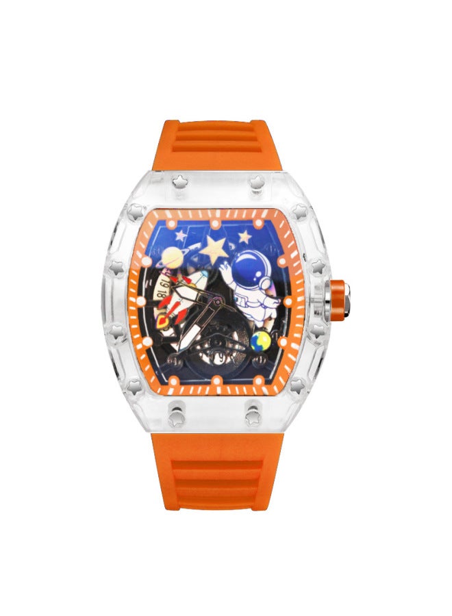 Men's Orange Strap Casual Sports Waterproof Quartz Watch, Hollow Dial with Astronaut Pattern