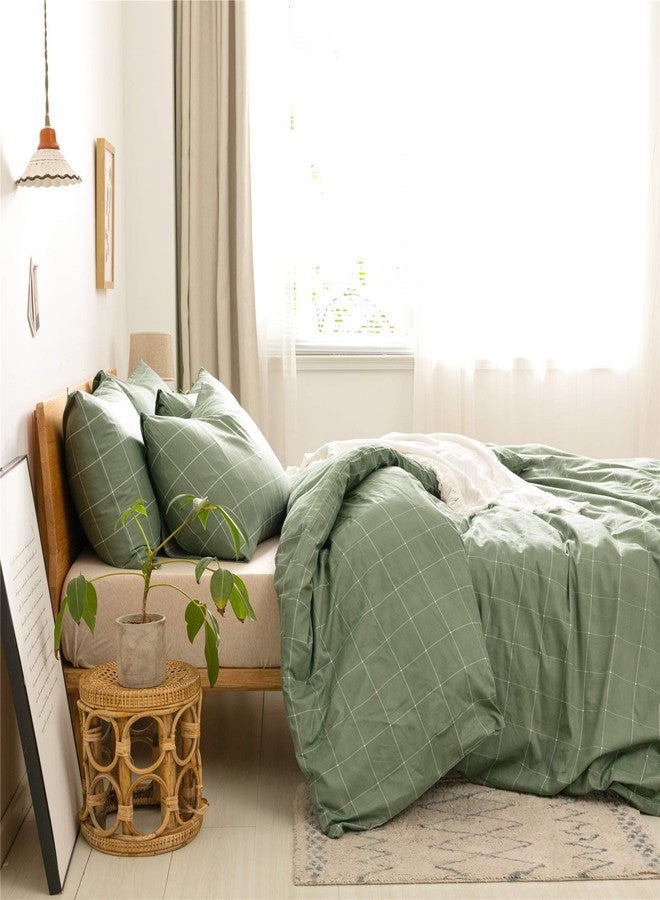 JELLYMONI 100% Natural Cotton 3pcs Plaid Duvet Cover Sets,Green with White Grid Geometric Pattern Printed Comforter Cover,with Zipper Closure & Corner Ties(Queen Size) - Image 2