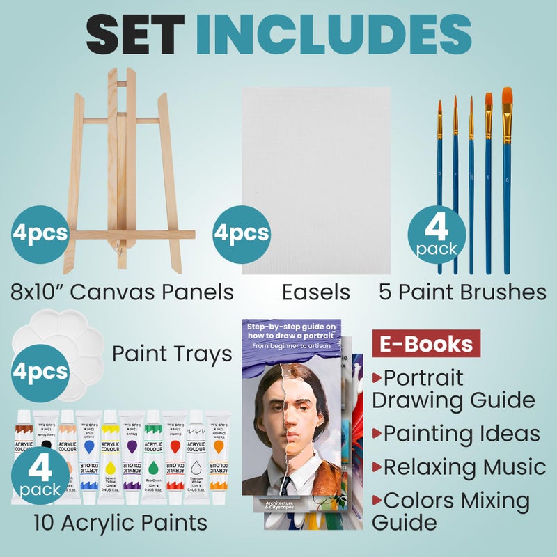 CraftyCrocodile Set of 4 Painting Kits for Adults and Couples - Sip and Paint Kit for Date Night and Crafts - Acrylic Painting Kit with Canvas Boards and Easels - Couple Art Set for Starters - Image 2