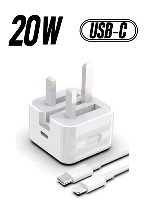 20-W Apple Charger Uk Plug Type C Adapter With 1m Iphone Fast Charging Cable Universal Travel Adapter Usb-c Plug Compatible For All Iphone Device 14/13/12/11 Pro And Pro Max / 8 Plus/X Max/Etc