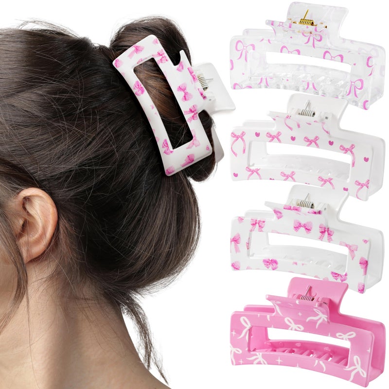 PANTIDE 4Pcs Coquette Pink Bow Hair Claw Clips for Women Girls - Cute Bow Preppy Trendy Rectangle Nonslip Banana Hair Clips, Thin Thick Short Long Curly Accessories, Birthday Bachelorette Wedding Gift - Image 1