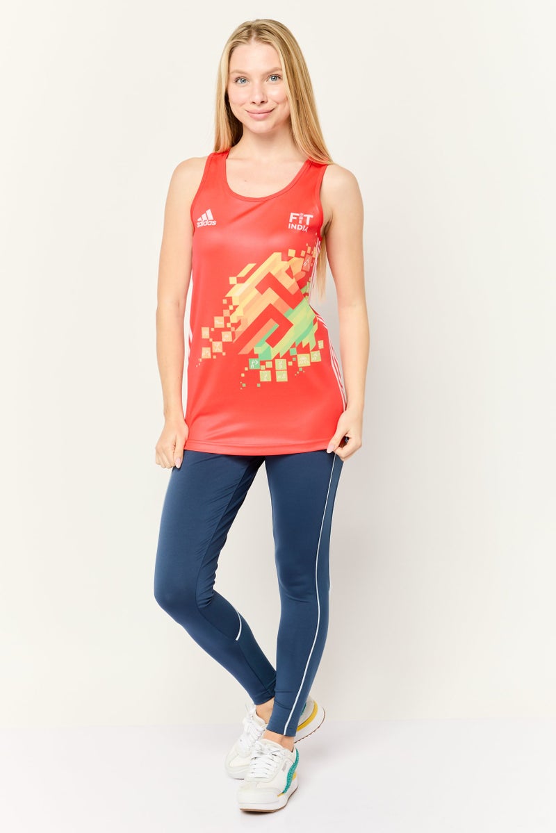 Adidas Women Sportswear Fit Sleeveless Khelo India Football Jersey, Red - Image 2