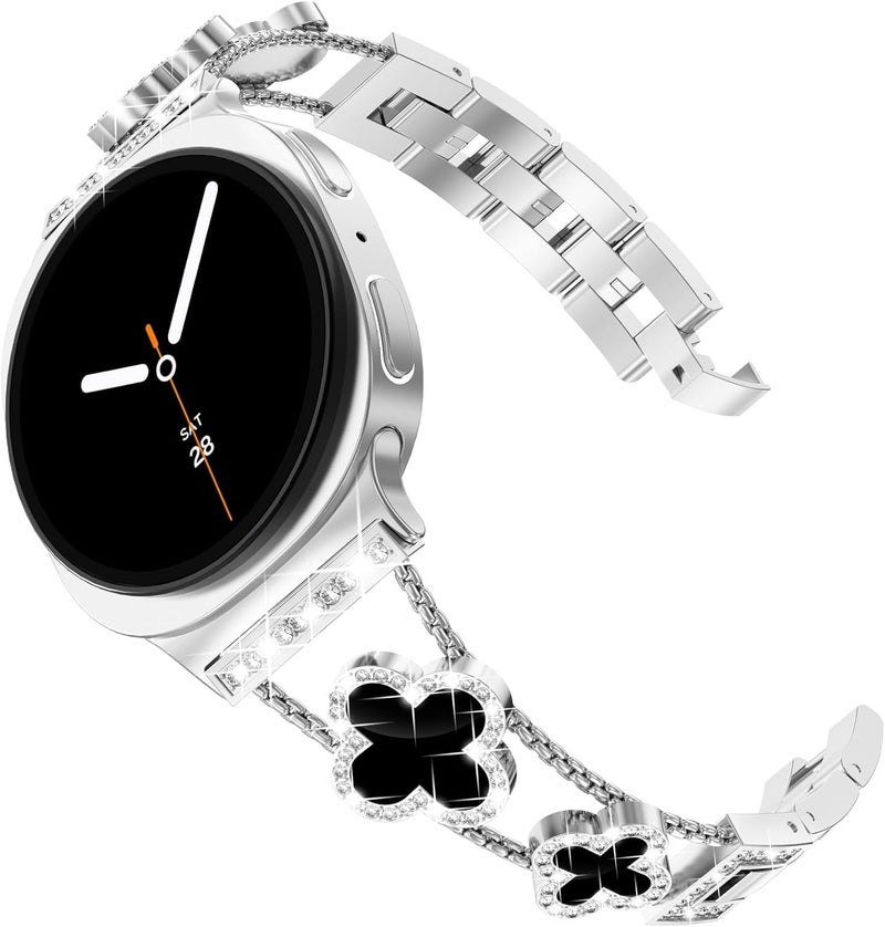 Excefore Premium No Gap Diamond Metal Bracelet Band for Samsung Galaxy Watch 8 40mm 44mm Classic 46mm, Luxury Clover Design Adjustable Dressy Wristband for Women Smartwatch - Image 1