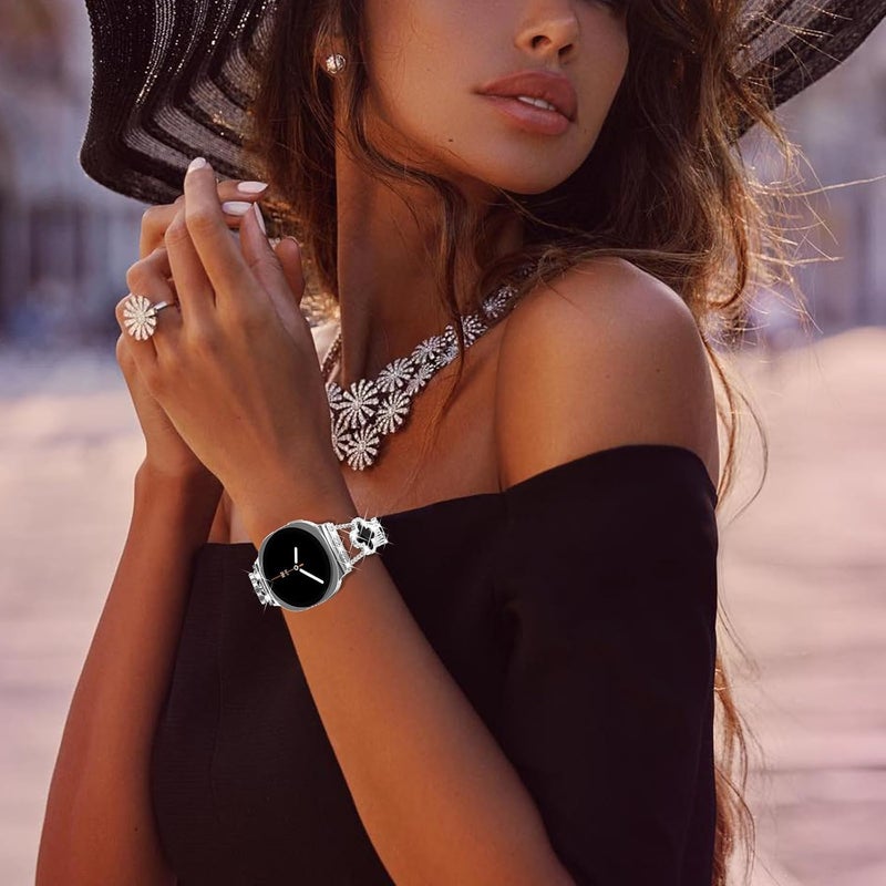 Excefore Premium No Gap Diamond Metal Bracelet Band for Samsung Galaxy Watch 8 40mm 44mm Classic 46mm, Luxury Clover Design Adjustable Dressy Wristband for Women Smartwatch - Image 4