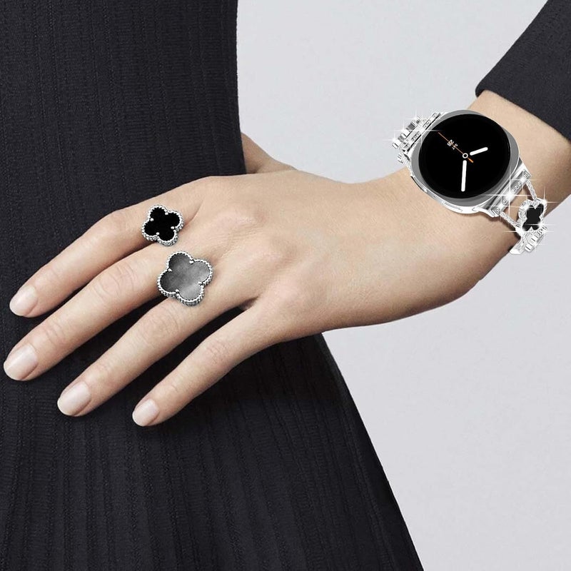 Excefore Premium No Gap Diamond Metal Bracelet Band for Samsung Galaxy Watch 8 40mm 44mm Classic 46mm, Luxury Clover Design Adjustable Dressy Wristband for Women Smartwatch - Image 3