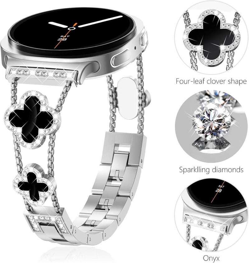 Excefore Premium No Gap Diamond Metal Bracelet Band for Samsung Galaxy Watch 8 40mm 44mm Classic 46mm, Luxury Clover Design Adjustable Dressy Wristband for Women Smartwatch - Image 2