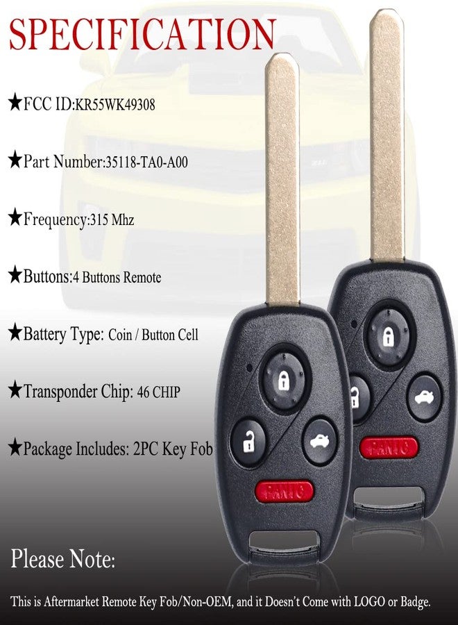 MechanMagic Key Fob Remote Replacement Fits for Honda Pilot 2009 2010 2011 2012 2013 2014 2015/ Accord Sedan 2008-2012 KR55WK49308 Keyless Entry Remote Control 35118-TA0-A00(Pack of 2) - Image 4