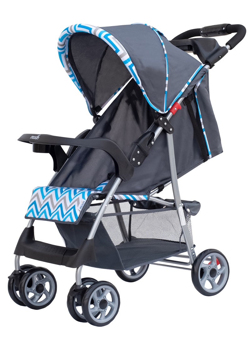 Moon Trek Baby Stroller – One-Hand Fold, Safety Lock, Dual Tray, Leg Rest, Multi-Recline, 0m+ to 24kg – Blue Stripes - Image 1