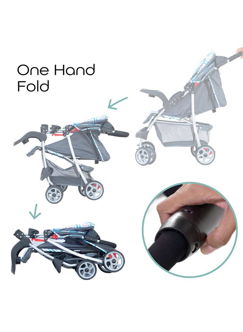 Moon Trek Baby Stroller – One-Hand Fold, Safety Lock, Dual Tray, Leg Rest, Multi-Recline, 0m+ to 24kg – Blue Stripes - Image 5