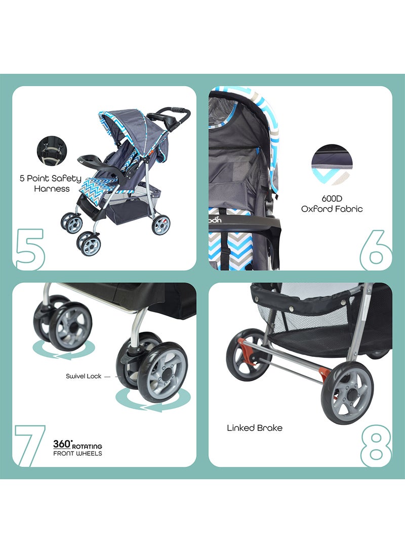 Moon Trek Baby Stroller – One-Hand Fold, Safety Lock, Dual Tray, Leg Rest, Multi-Recline, 0m+ to 24kg – Blue Stripes - Image 3