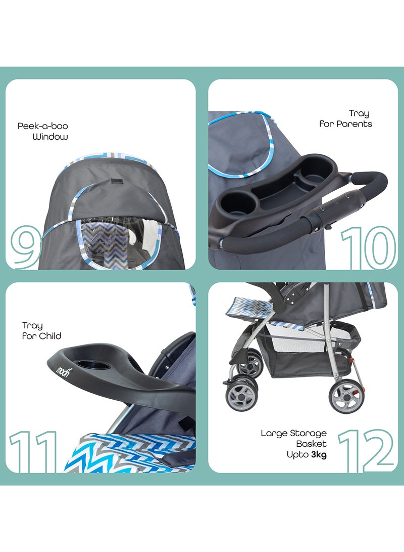 Moon Trek Baby Stroller – One-Hand Fold, Safety Lock, Dual Tray, Leg Rest, Multi-Recline, 0m+ to 24kg – Blue Stripes - Image 4