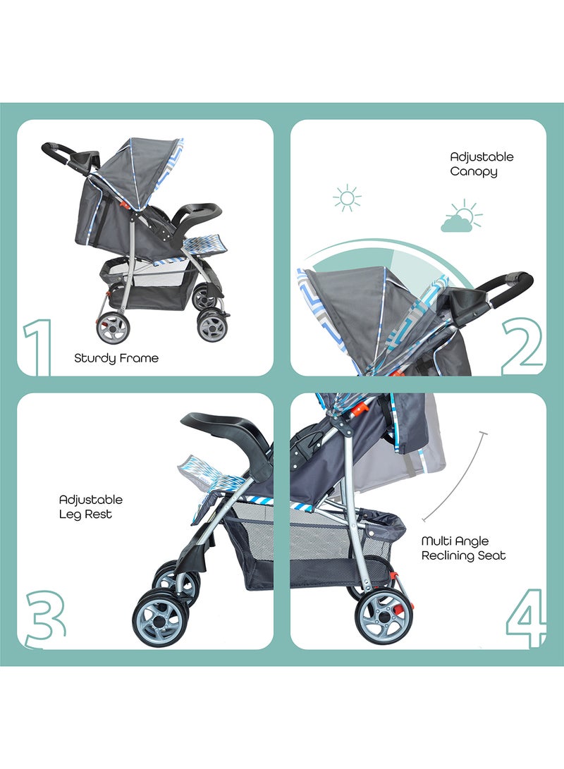 Moon Trek Baby Stroller – One-Hand Fold, Safety Lock, Dual Tray, Leg Rest, Multi-Recline, 0m+ to 24kg – Blue Stripes - Image 2