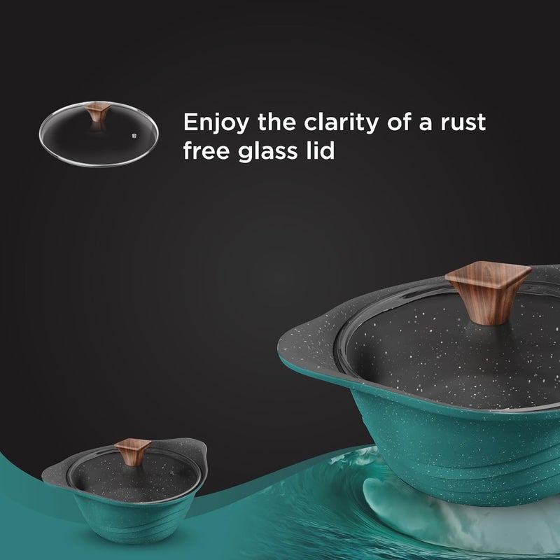 Preethi Artistic Collection Die Cast Non Stick Kadai 24 cmwith Glass Lid 5 Star Non Stick Effect Cook Serve Ocean Green - Image 4
