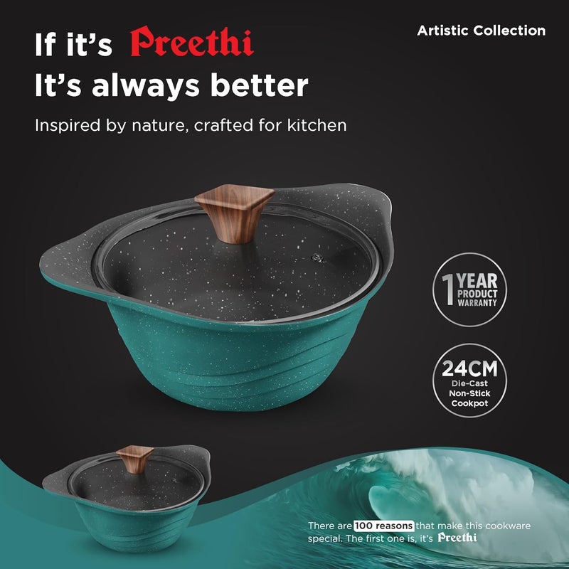 Preethi Artistic Collection Die Cast Non Stick Kadai 24 cmwith Glass Lid 5 Star Non Stick Effect Cook Serve Ocean Green - Image 2