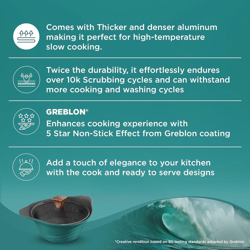 Preethi Artistic Collection Die Cast Non Stick Kadai 24 cmwith Glass Lid 5 Star Non Stick Effect Cook Serve Ocean Green - Image 3