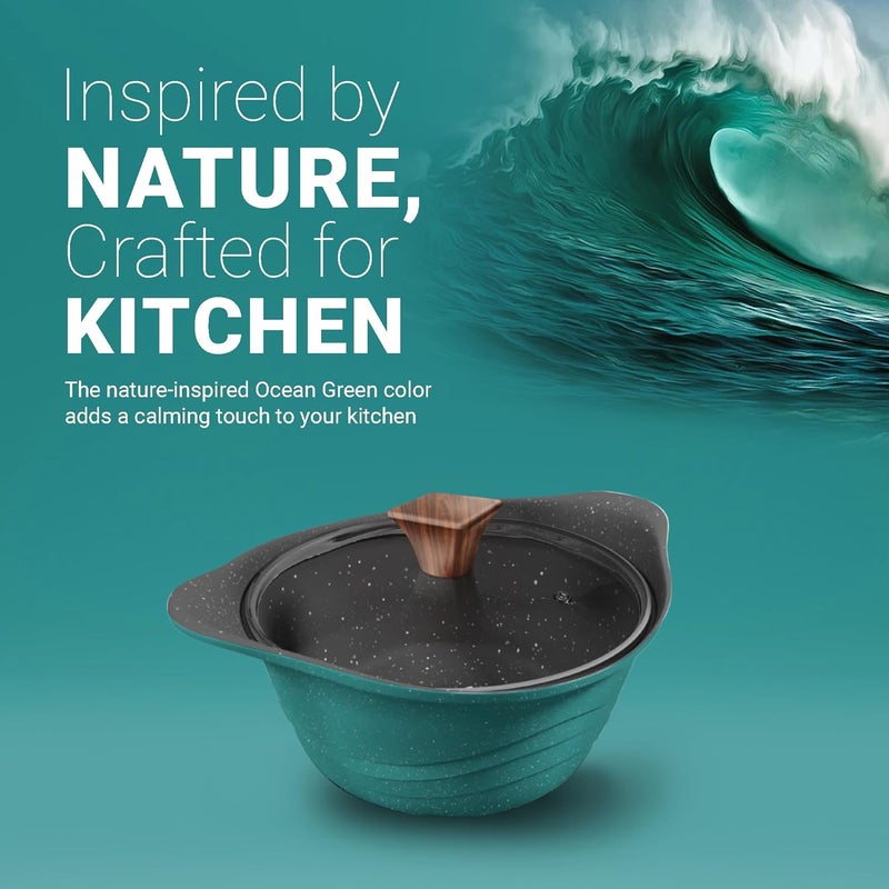 Preethi Artistic Collection Die Cast Non Stick Kadai 24 cmwith Glass Lid 5 Star Non Stick Effect Cook Serve Ocean Green - Image 5