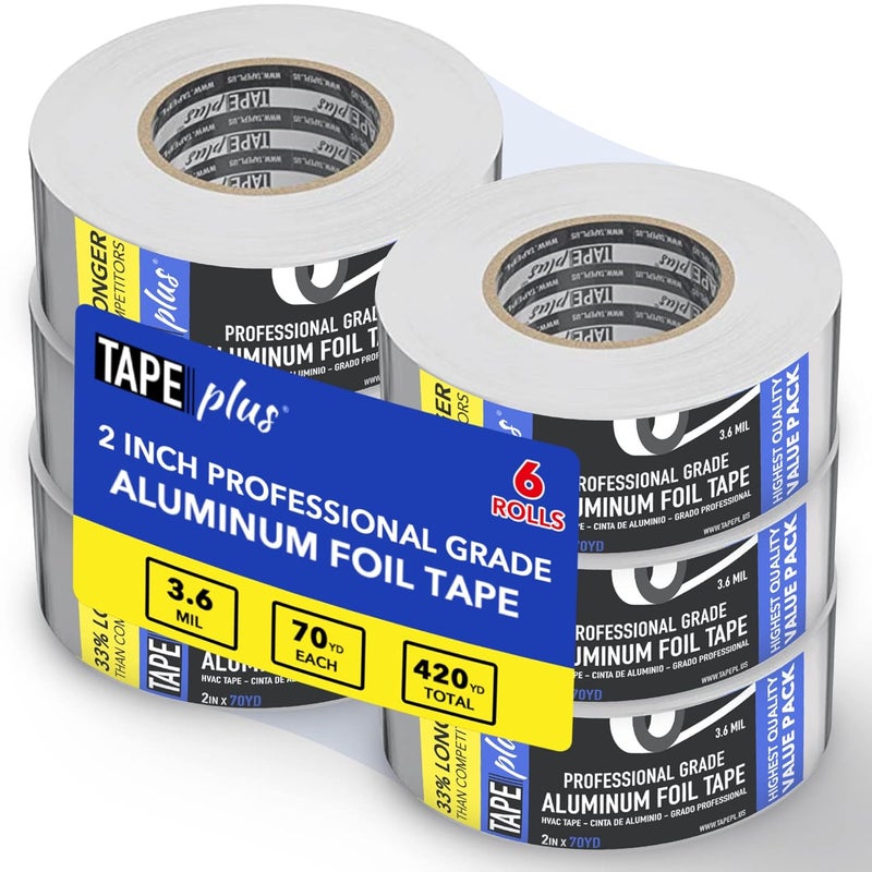 TapePlus Aluminum Foil Tape - Heat Resistant Tape & High Temperature Seal - Thermal Duct Insulation & HVAC Seal - Waterproof Metal Adhesive for Ductwork - Pack of 6, 2 in x 210 ft, Silver - Image 1