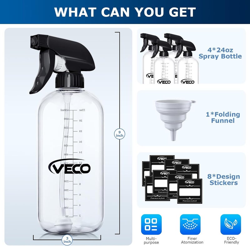 Veco 24oz Graduated Spray Bottles, 4-Pack — 360° Any-Angle Spraying for Easy Dilution, Leak-Resistant spray bottles for Cleaning, Plants, Hair & Pet Use + Foldable Funnel - Image 4