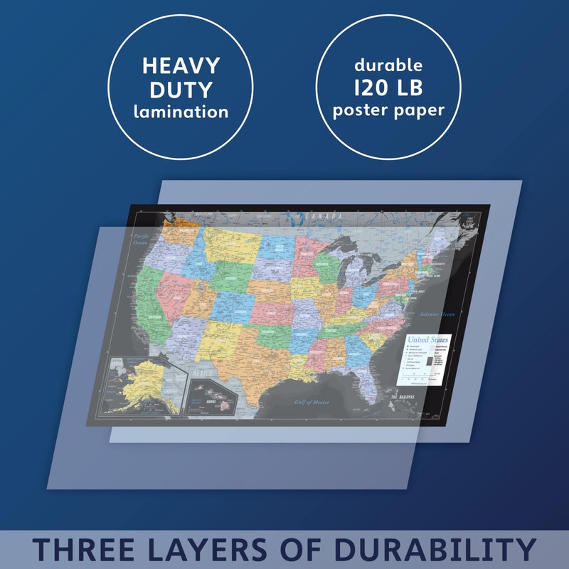 Palace Learning 2 Pack - Laminated World Map & US Map Poster Set - Wall Chart Map of the World & United States - Made in the USA [Black] - Image 2