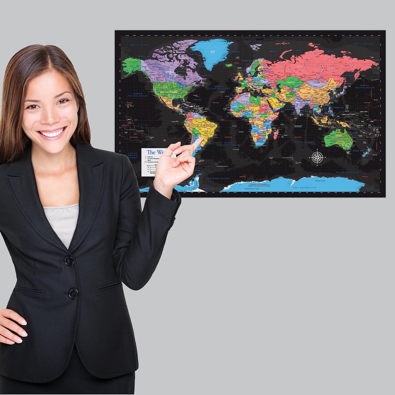 Palace Learning 2 Pack - Laminated World Map & US Map Poster Set - Wall Chart Map of the World & United States - Made in the USA [Black] - Image 5