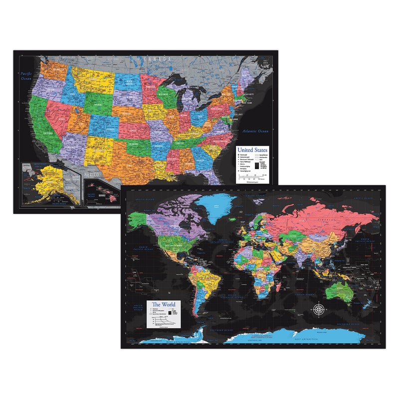 Palace Learning 2 Pack - Laminated World Map & US Map Poster Set - Wall Chart Map of the World & United States - Made in the USA [Black] - Image 1