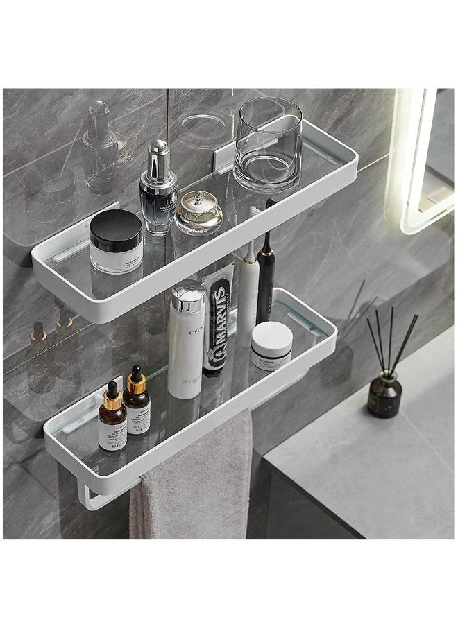 HOMESTAR Bathroom Shelves Wall Mounted Glass for Floating Shelf with Towel Holder Shower 2 Tier Organizer-White - Image 5