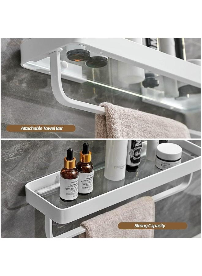 HOMESTAR Bathroom Shelves Wall Mounted Glass for Floating Shelf with Towel Holder Shower 2 Tier Organizer-White - Image 3