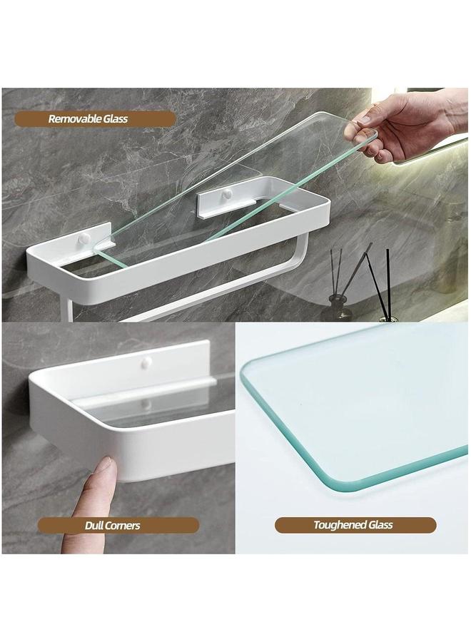 HOMESTAR Bathroom Shelves Wall Mounted Glass for Floating Shelf with Towel Holder Shower 2 Tier Organizer-White - Image 2