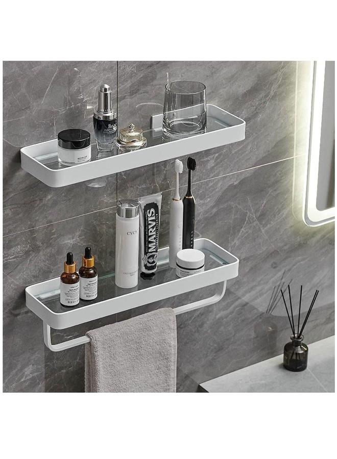 HOMESTAR Bathroom Shelves Wall Mounted Glass for Floating Shelf with Towel Holder Shower 2 Tier Organizer-White - Image 1
