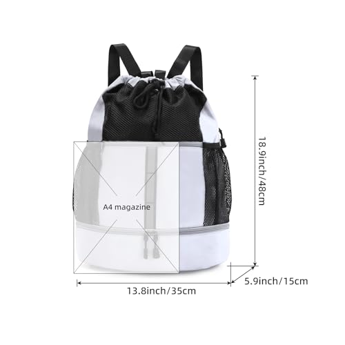 Valleycomfy Drawstring Gym Bag Sports Backpack With Shoe Compartment and Reflective Strips White - Image 3