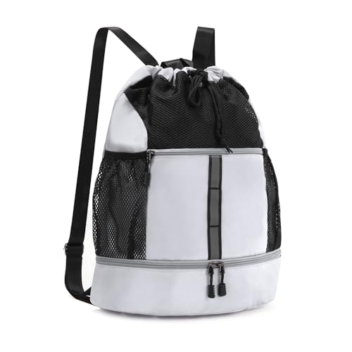 Valleycomfy Drawstring Gym Bag Sports Backpack With Shoe Compartment and Reflective Strips White - Image 1