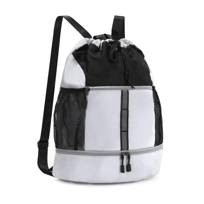 Valleycomfy Drawstring Gym Bag Sports Backpack With Shoe Compartment and Reflective Strips White - Image 2