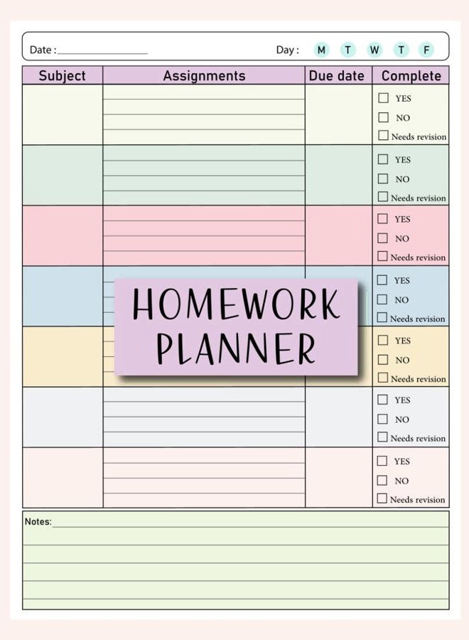 Colorful Homework Planner for ADHD Students: Undated Assignment Journal Notebook for middle, high school and College