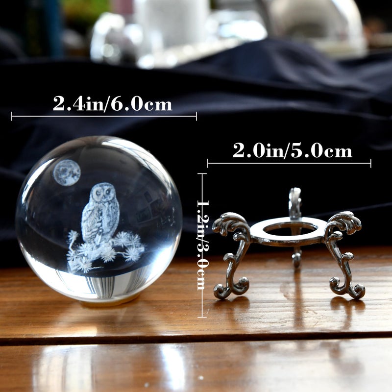 QIANCHANG 3D Owl Crystal Ball with Stand, Night Owl Figurines Glass Globe Home Decor Gifts for Women Mom(60mm) - Image 4