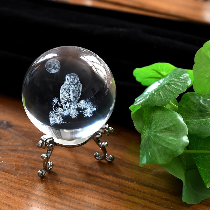 QIANCHANG 3D Owl Crystal Ball with Stand, Night Owl Figurines Glass Globe Home Decor Gifts for Women Mom(60mm) - Image 5