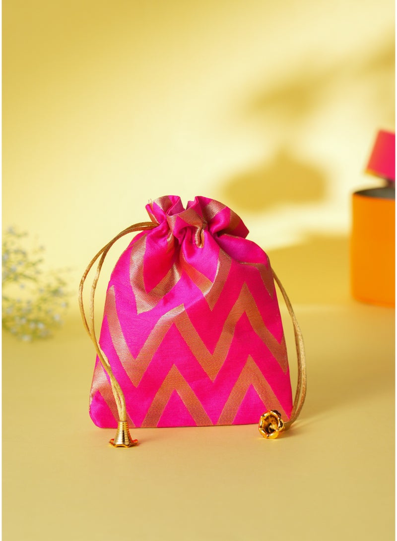 Madhoor Zigzag Decorative Potli Gift Bag (Batwa) Dark Pink for Wedding Favours, Pooja Items & Festive Gifting, 5 x 7 Inches, 1 Piece - Image 1