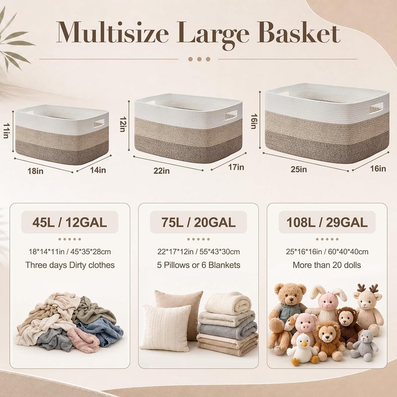 OIAHOMY Large Cotton Rope Basket, Rectangle Woven Baskets for Storage, Nursery Blanket Basket Living Room, Toy Basket With Handle, Large Baskets for Organizing-22”x17”x12”-Gradient Grey - Image 2
