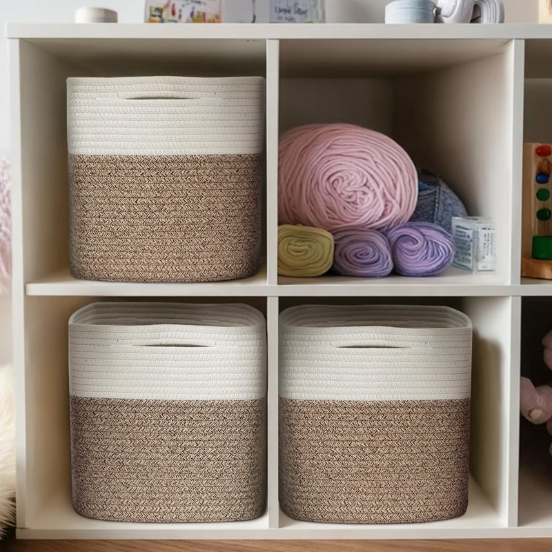 WILLITAT 13x13x13 inch Cube Storage Bin, 3-Pack Woven Cotton Rope Baskets for Organizing, 13 inch Square Storage Cubes for Shelves, Cute Kids Toy Bin Box, Baby Nursery Decorative Closet Organizer - Image 3