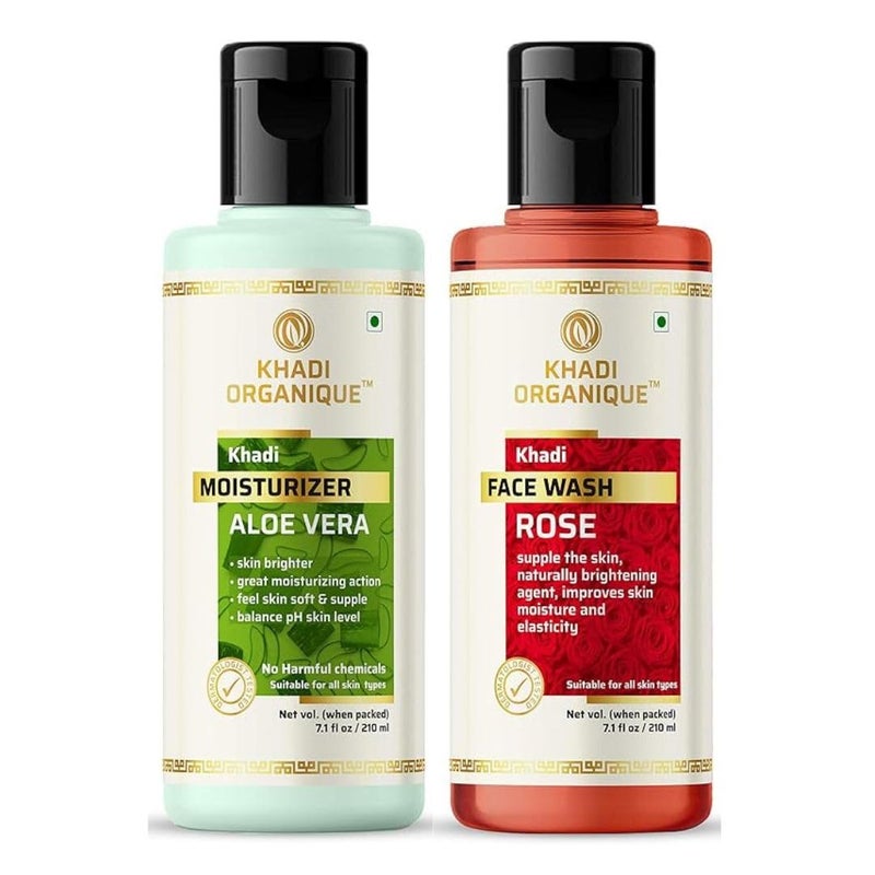 Khadi ORGANIQUE Khadi Organique Rose Face Wash  Aloe Vera Moisturizer Lotion Duo  Nourished and Glowing Skin for All Skin Types 420 ml - Image 1