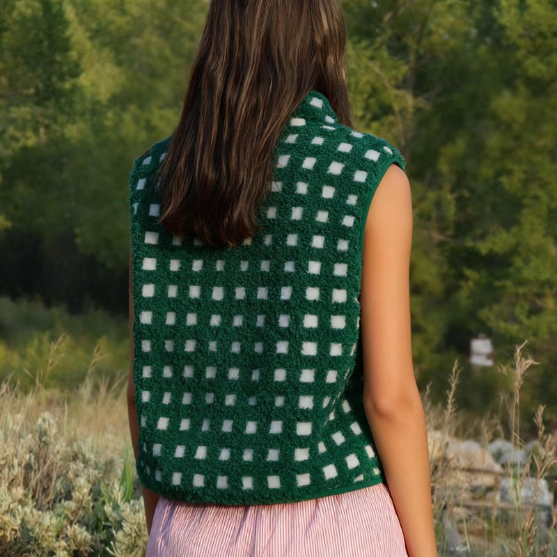 SeeLuNa Womens Checkered Sherpa Vest Sleeveless Winter Fleece Jacket High Neck Zip Up Plaid Gilet with Chest Pocket(Dark-Green,L) - Image 2