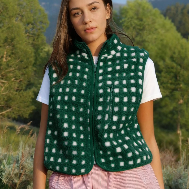 SeeLuNa Womens Checkered Sherpa Vest Sleeveless Winter Fleece Jacket High Neck Zip Up Plaid Gilet with Chest Pocket(Dark-Green,L) - Image 3