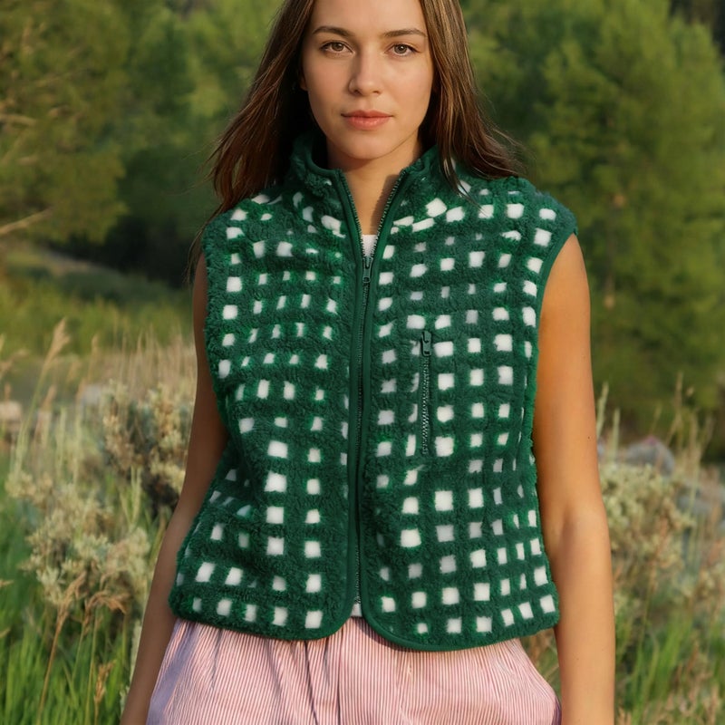 SeeLuNa Womens Checkered Sherpa Vest Sleeveless Winter Fleece Jacket High Neck Zip Up Plaid Gilet with Chest Pocket(Dark-Green,L) - Image 4