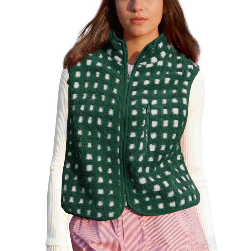SeeLuNa Womens Checkered Sherpa Vest Sleeveless Winter Fleece Jacket High Neck Zip Up Plaid Gilet with Chest Pocket(Dark-Green,L) - Image 1