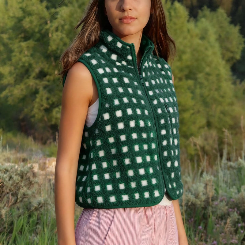 SeeLuNa Womens Checkered Sherpa Vest Sleeveless Winter Fleece Jacket High Neck Zip Up Plaid Gilet with Chest Pocket(Dark-Green,L) - Image 5